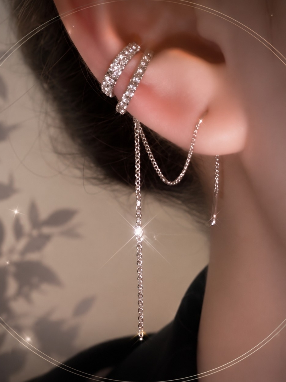 Silver Crystal Double Hoop Chain Drop Ear Cuff